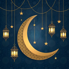 golden crescent moon with hanging lanterns on dark