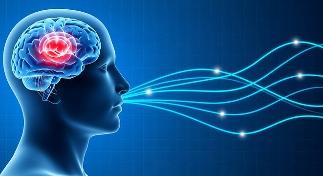 Brain, thinking, memory. Head profile emitting thought streams. Conceptual digital visualization for science, medicine, or education use.