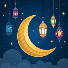 golden crescent moon with hanging lanterns on dark
