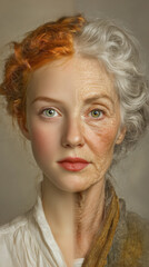 Transformation of beauty across age captured in a striking portrait showing youth on one side and aging on the other