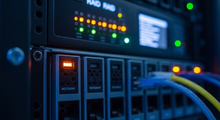 Detailed medium shot of a hotswap drive slot with a flashing LED indicator in sharp focus, RAID controller panel blurred in the background. Ideal for tech and data center visuals.