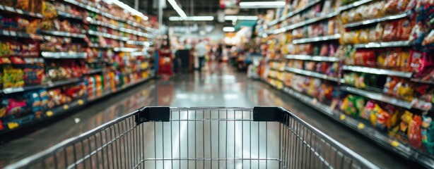 The Shopping Cart in a Colorful Supermarket Aisle Filled with Snacks
