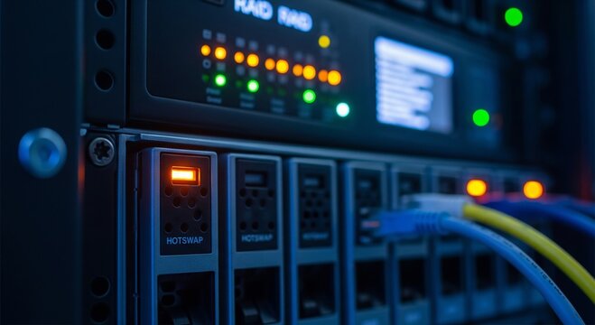 Detailed medium shot of a hotswap drive slot with a flashing LED indicator in sharp focus, RAID controller panel blurred in the background. Ideal for tech and data center visuals.