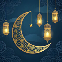 golden crescent moon with hanging lanterns on dark