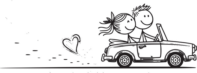 Love on the Open Road: A delightful illustration captures a couple in a vintage convertible, their hearts intertwined as they embark on a journey filled with love, freedom, and adventure.