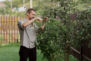 A 35-year-old man works in his garden, tending to plants in natural sunlight. Authentic, unaltered...
