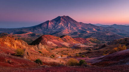 Obraz premium Vibrant sunset view of an active volcano surrounded by rugged terrain and colorful landscapes in a serene valley setting