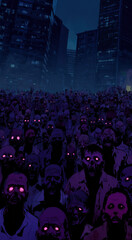 Fototapeta premium Crowded urban scene filled with eerie figures in a dark setting surrounded by tall buildings at night