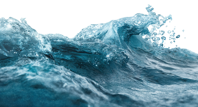 Powerful sea wave in motion with drops, isolated on transparent cutout background