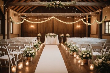 Eleganter Hochzeitssaal mit floralen Arrangements und romantischer Beleuchtung – ideal für eine unvergessliche Zeremonie
