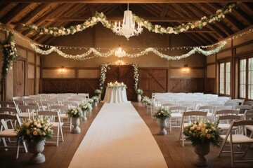 Eleganter Hochzeitssaal mit floralen Arrangements und romantischer Beleuchtung – ideal für eine unvergessliche Zeremonie