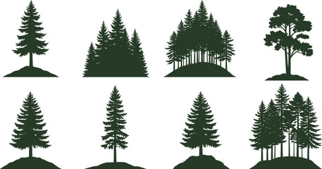 Tree silhouette collection, forest mound illustration, coniferous and broadleaf trees, green nature graphic, woodland design, landscape icon, white background