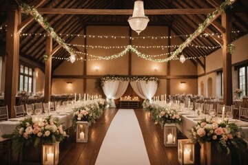 Eleganter Hochzeitssaal mit floralen Arrangements und romantischer Beleuchtung – ideal für eine unvergessliche Zeremonie
