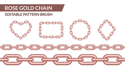 Rose Gold Chain Pattern Brush Vector Set Editable Shapes: Heart, Circle, Diamond & More Luxury Graphic Elements for Fashion & Jewelry Design