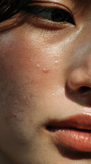 Fototapeta premium Close-up of a face showing skin texture and small blemishes under natural light in a relaxed indoor setting during the day