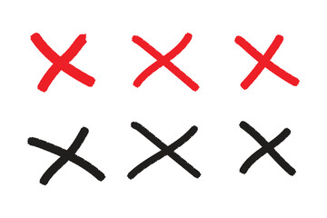 Three red and three black x marks on white background