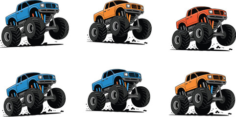 Cartoon monster truck set, colorful off-road vehicles, big wheels, flame decals, vector stunt cars, kids entertainment, dynamic racing illustration © Ashik Creatives