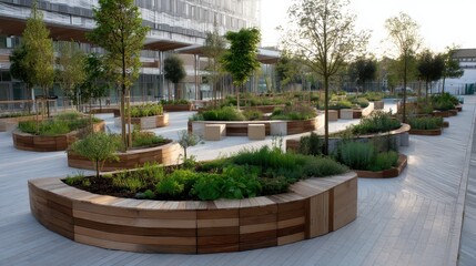 Micro farming for seniors concept. Urban garden with circular wooden planters and green plants.