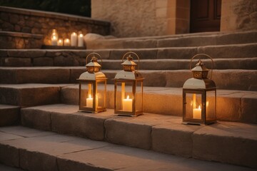 Romantische Beleuchtung von Laternen auf einer Treppe im warmen Sonnenlicht – perfekte Atmosphäre für Events und Feiern