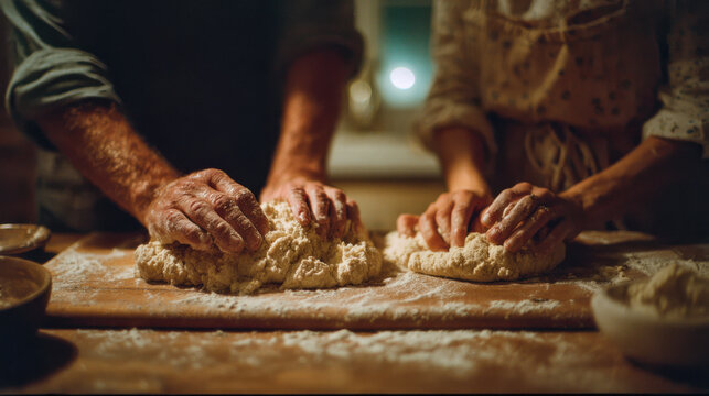 Hands kneading dough in a cozy kitchen during evening hours, showcasing a shared baking experience