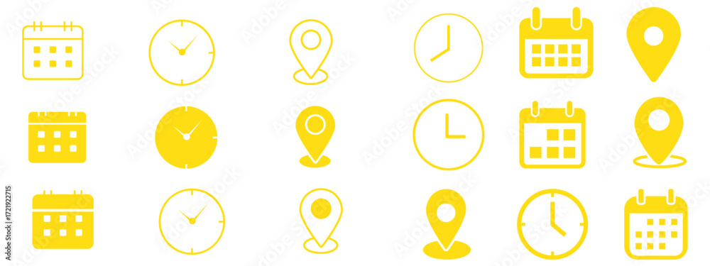 Wall mural time location calendar icon set. address, notification bell. clock sign. location pin signs. calenda