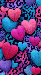 Obraz premium Brightly colored hearts in various sizes and shapes on a patterned background create a playful and whimsical atmosphere