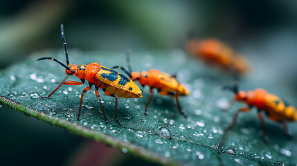 Fototapeta premium closeup view of tiny orange insects crawling on green leaf highlighting delicate features macro photography vibrant colors garden wildlife nature scene