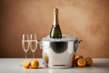Luxuriöse Champagnerflaschen auf Eis mit eleganten Gläsern und frischen Zitrusfrüchten