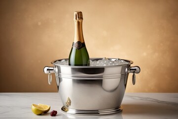 Luxuriöse Champagnerflaschen auf Eis mit eleganten Gläsern und frischen Zitrusfrüchten