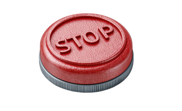 A red circular stop button with a metallic silver rim, isolated on a transparent background, symbolizing cessation, warning, and prohibition