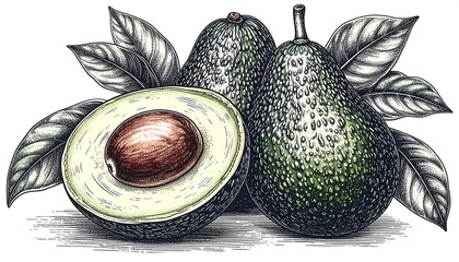 Detailed illustration of avocados and leaves