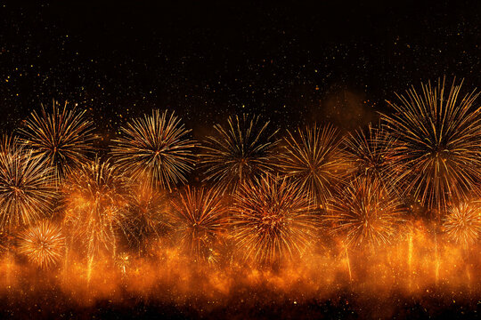 Golden fireworks display exploding in night sky sparkling celebration