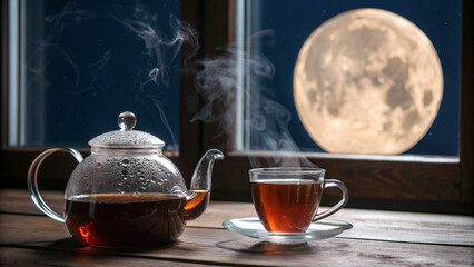 A beautiful glass teapot and cup with warm tea vapor, complemented by a large moon in a relaxing night view