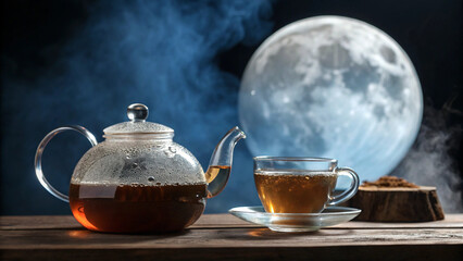 A clear glass teapot and cup with steaming amber tea, adorned by a huge moon in a peaceful starry sky.
