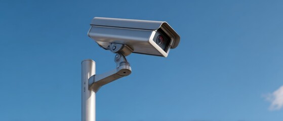 The modern surveillance camera monitoring the environment under a clear blue sky.