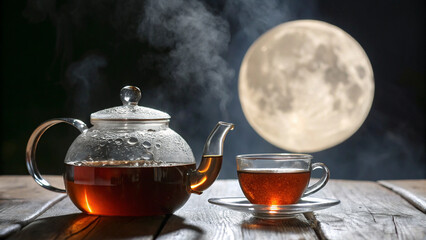 A delicate glass teapot and cup with warm tea mist, enhanced by a large moon in a serene night setting.