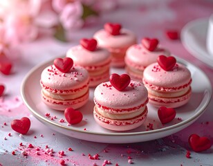 Pink macarons with hearts on a plate