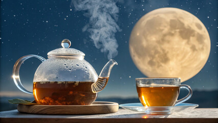 A sparkling glass teapot and cup with steaming tea, highlighted by a bright moon in a quiet night landscape.