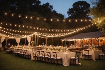 Elegante Hochzeitstafel unter Lichterketten im Freien, mit weißen Blumen und Kerzen