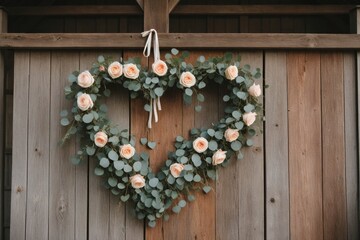 Blumenherz aus Rosen und Eukalyptus als romantische Dekoration an einer Holztür