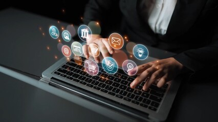 Set of business and digital service icons representing finance, cloud, analytics, email,...