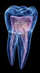 3D illustration of a healthy human tooth showing detailed internal structure, including roots, nerves, and blood vessels for educational purposes