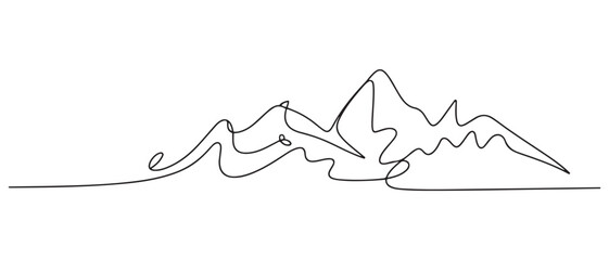 One continuous line drawing of mountain range landscape, Mountains. one line Icon drawing with white background