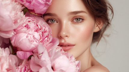 Beautiful young woman poses with fresh pink peonies on soft background, showcasing natural beauty and serene expression