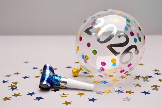 globo de 2026 transparente letras plateadas  sobre fondo blanco, junto a un silbato de papelillo azul y plata brillante a modo de anuncio, fondo claro con confeti multicolor sobre una superficie clara