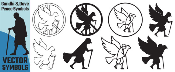 Collection of gandhi and dove peace symbols in silhouette and outline vector graphics representing nonviolence and harmony