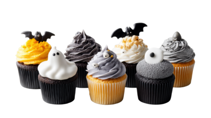Spooky Halloween Cupcakes with Ghosts and Bats on Transparent Background