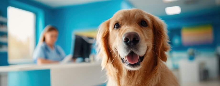 The golden retriever smiling at the veterinarian clinic reception area.