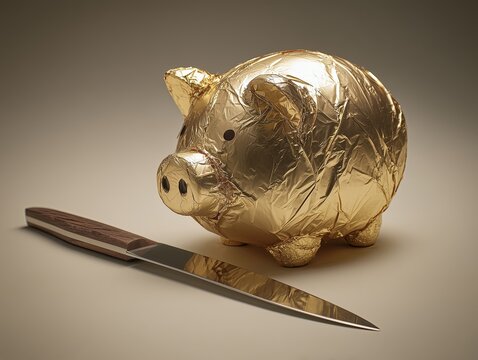 piggy bank wrapped in shiny golden foil like a chocolate bonbon , thin ham-carving knife,,  clean background isolated, conceptual art