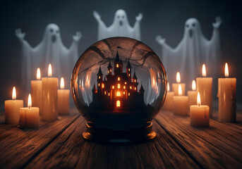 Crystal ball with haunted castle and ghosts for halloween night concept